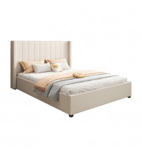 Alexa High Rise Headboard Beige Linen Fabric Four MDF Drawers with Wheels Queen Bed Frame